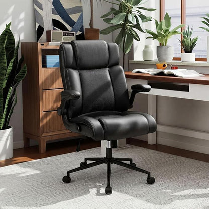 Executive Office Chair with Flip-Up Armrests, PU Leather Ergonomic Computer Desk Chair for Home Office, Computer Chair with Lumbar Support, Thick Seat Cushion & Adjustable Height