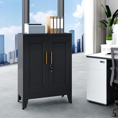 GAIOUS 36" Black Metal Storage Cabinet with Lock, Locking Cabinet with 2 Doors and 2 Adjustable Shelves, Bathroom Floor Cabinets, Freestanding Locked File Cabinets for Home/Office/Garage
