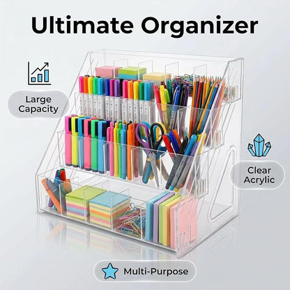 4-Tier Clear Acrylic Pen Holder for Desk, 20 Compartments Marker Storage Organizer, Space-Saving Vertical Stationery Rack for Art Supplies, High-Capacity Desktop Office Storage