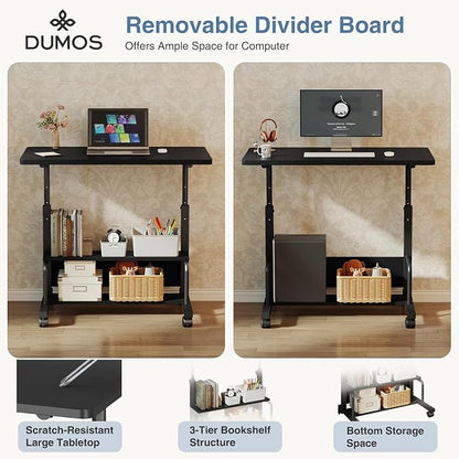 DUMOS 31.5" Mobile Rolling Desk with 2-Tier Storage Shelves, Height Adjustable Computer Desks on Wheels, Portable Rolling Laptop Table for Small Spaces & Home Office Black