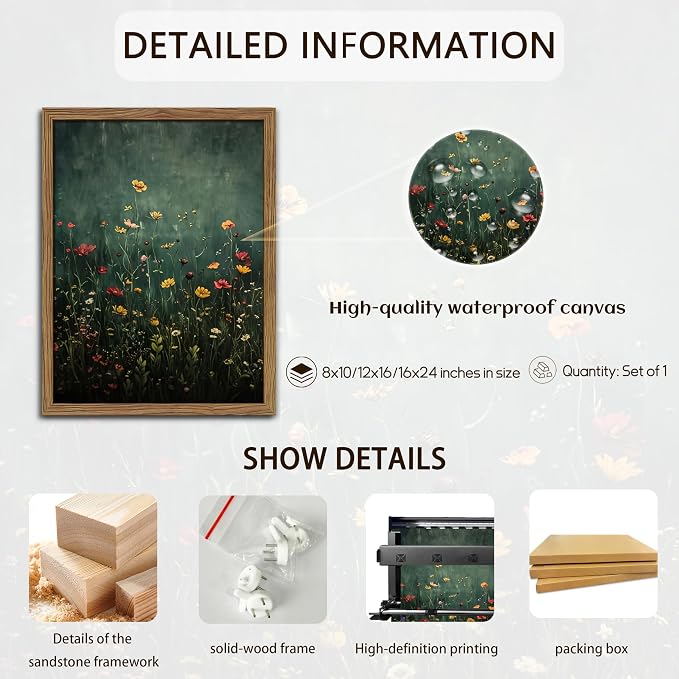 Wildflower Field Framed Wall Art, Vintage Botanical Flower Wall Decor, Modern Farmhouse Floral Canvas Art, Green Field Landscape Pictures Artwork for Living Room Bedroom – 12x16 inch