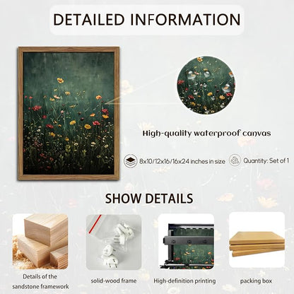 Wildflower Field Framed Wall Art, Vintage Botanical Flower Wall Decor, Modern Farmhouse Floral Canvas Art, Green Field Landscape Pictures Artwork for Living Room Bedroom – 8x10 inch