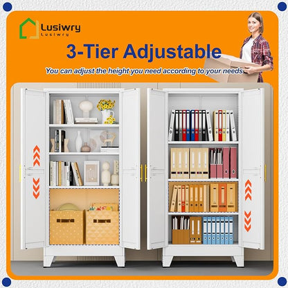Metal Storage Cabinet with 2 Doors and 3 Adjustable Shelves - 61" Steel File Cabinet,Tool Cabinets for Office,Home,Garage,Gym,School,Bathroom,Kitchen(White)