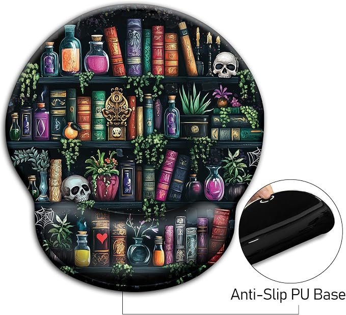 Mouse Pad with Wrist Rest, Goth Ergonomic Mouse Pads Wrist Support for Desk, Funny Skull Gothic Gaming Mousepad for Wireless Mouse Computer Work Home Desk Accessories Office Supplies Witchy Book