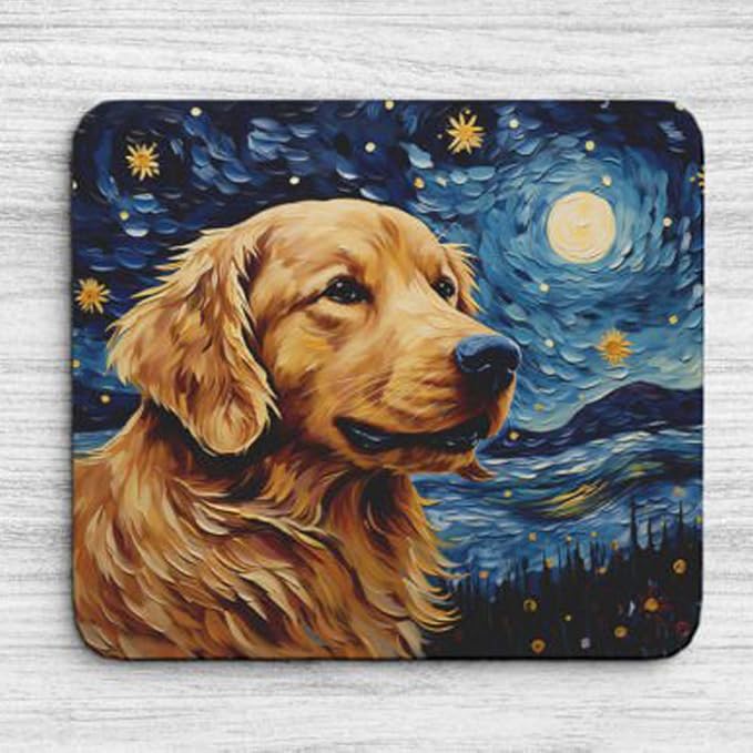Starry Night Dog Mouse Pad for Home Office Gaming Working Desk Computer Desktop Accessories Non-Slip Rubber Mouse Pad for Dog Lovers (Golden Retriever)
