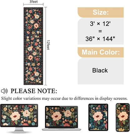 DUKINO 3x12 Washable Runner Rug, Non Slip Soft Floral Hallway Runner Rug with Non Shedding Design, Low Pile Long Floor Carpet for Kitchen, Hallway, Bathroom, Entryway, Laundry, Black
