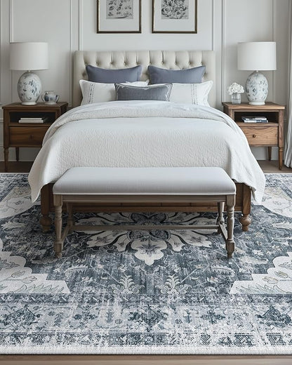 RELEANY Area Rugs 8'x10' Washable Non-Slip, Floral Vintage Distress Medallion Carpet for Living Room Bedroom Dining Room, Light Gray Grey White