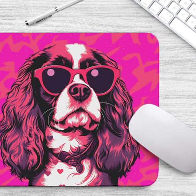 Pink Mousepad Glamour Dog Charles Spaniel Mouse Pad for Home Office Gaming Working Desk Computer Desktop Accessories Non-Slip Rubber Mousepad for Dog Lovers