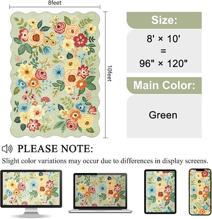 DUKINO 8x10 Area Rug, Floral Washable Rugs for Living Room with Non Slip Backing & Non-Shedding, Lightwight Low Pile Boho Design Large Carpets for Bedroom, Living Room, Dining Room, Green