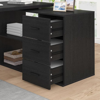 HSH Black L Shaped Computer Desk with Drawers, Home Office Desk with Storage Cabinet Shelves, Reversible Corner Wood Writing Desk for Executive Work Study, Large Bedroom Computer Table, 55 Inch
