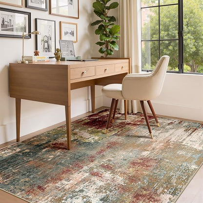 RELEANY Washable Area Rugs 4'x6' Non-Slip Modern Abstract Soft for Living Room Entryway Bedroom Kitchen, Print Pattern, Brown Rust Red Green Blue Multi