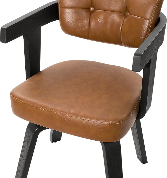 Art Leon Desk Chair No Wheels - Modern Faux Leather Office Chair Mid Century Swivel Desk Chair, Comfy Accent Armchair with Wooden Legs for Small Spaces Home Office Living Room Bedroom Study, Brown