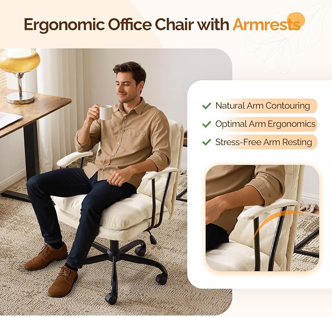 VINGLI Comfortable Office Desk Chairs with/No Wheels,Dual-Base,Removable Armrests,Adjustable Comfy Swivel Computer Task Nail Tech Chair for Office,Sewing,Makeup Vanity,Teen,Linen Fabric,Pale Yellow