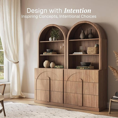 BELLEZE Set of 2 71" Tall Storage Cabinet with 3 Drawers, Wooden Sideboard Buffet Cabinet with Hutch for Pantry and Kitchen Organizing, 5-Tier Modern Storage Unit for Living Room Home Office, Camel