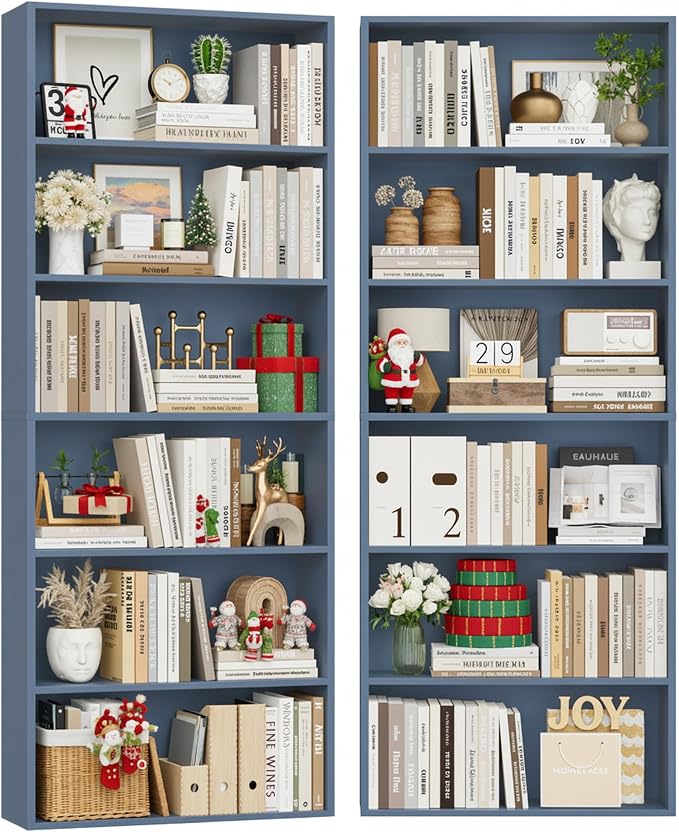 FOTOSOK 6-Tier Open Bookcase and Bookshelf, Freestanding Display Storage Shelves Tall Bookcase for Bedroom, Living Room and Office,Blue Set of 2