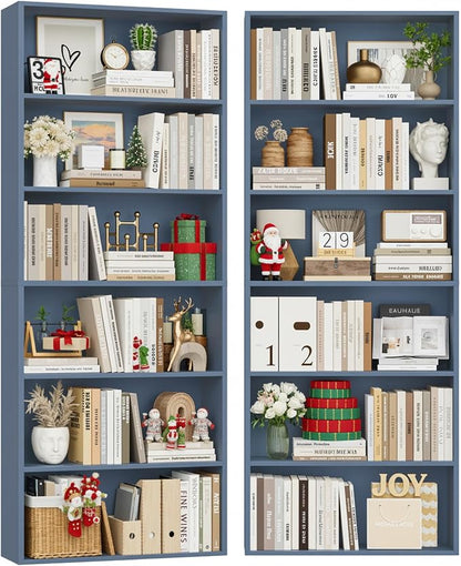 FOTOSOK 6-Tier Open Bookcase and Bookshelf, Freestanding Display Storage Shelves Tall Bookcase for Bedroom, Living Room and Office,Blue Set of 2