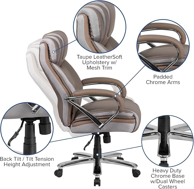Flash Furniture HERCULES Series Big & Tall 500 lb. Rated Taupe LeatherSoft Executive Swivel Ergonomic Office Chair with Extra Wide Seat
