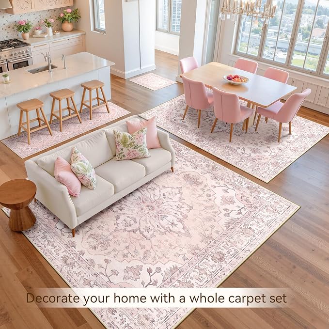 RELEANY Area Rugs Large 9'x12' Washable Non-Slip, Floral Vintage Distress Medallion Carpet for Living Room Bedroom Dining Room, Pink Greypink Cute