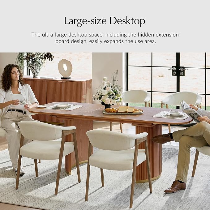HULALA HOME 60"-80.75" Extendable Dining Table, Solid Wood Kitchen Table with Removable Leaves, Fluted Base, Mid-Century Modern Home Office Desk for Dining Living Study Room-Teak