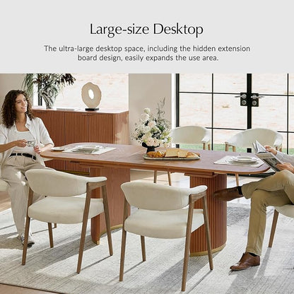 HULALA HOME 60"-80.75" Extendable Dining Table, Solid Wood Kitchen Table with Removable Leaves, Fluted Base, Mid-Century Modern Home Office Desk for Dining Living Study Room-Teak