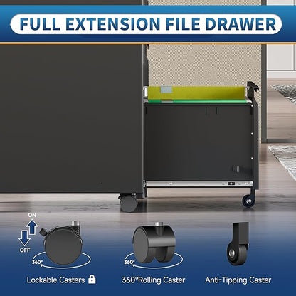 Locking File Cabinet 3 Drawers on Wheels Under Desk, Metal Filing Cabinets for Home Office, A4, Letter-Size Files, Hanging File Folders-Black