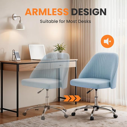 Simple Deluxe Armless Office Desk Chair, Modern Cute Swivel Vanity Chair Comfy Home Office Chairs with Wheels Height Adjustable Rolling Computer Task Stools for Living Room, Make-up, Bedroom, Blue
