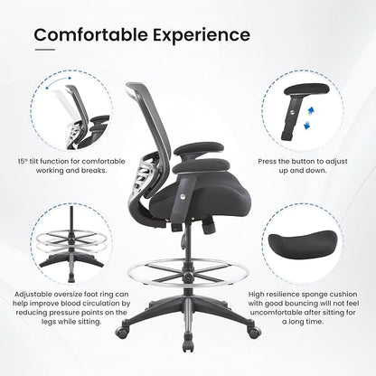 BOLISS 400lbs Mid Back Mesh Ergonomic Drafting Chair for Standing Desk Office Wide Chair Built-in Lumbar Support Big Adjustable Foot Ring Height Adjustable Armrest (Black)