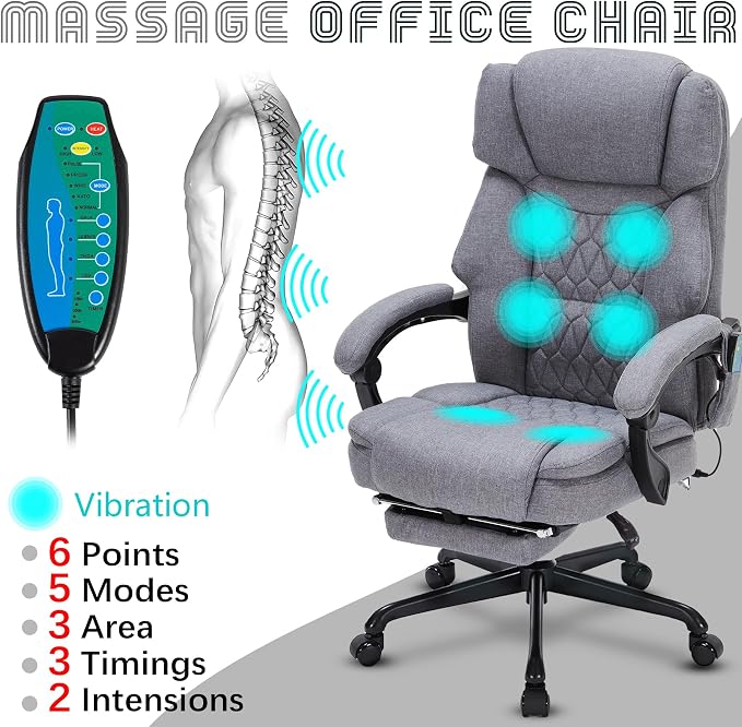 Massage Office Chair with Foot Rest 6 Points Vibration and Heat Home Office Desk Chairs for Heavy People 400lbs Reclining Managerial Chairs Ergonomic Executive Chair (Grey)