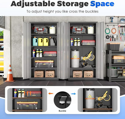 INTERGREAT Metal Garage Storage Cabinet with Lock, 72" Storage Cabinet with Locking Doors and 4 Adjustable Shelves, Lockable Steel Tool Cabinet for Home Office, School, Black Grey
