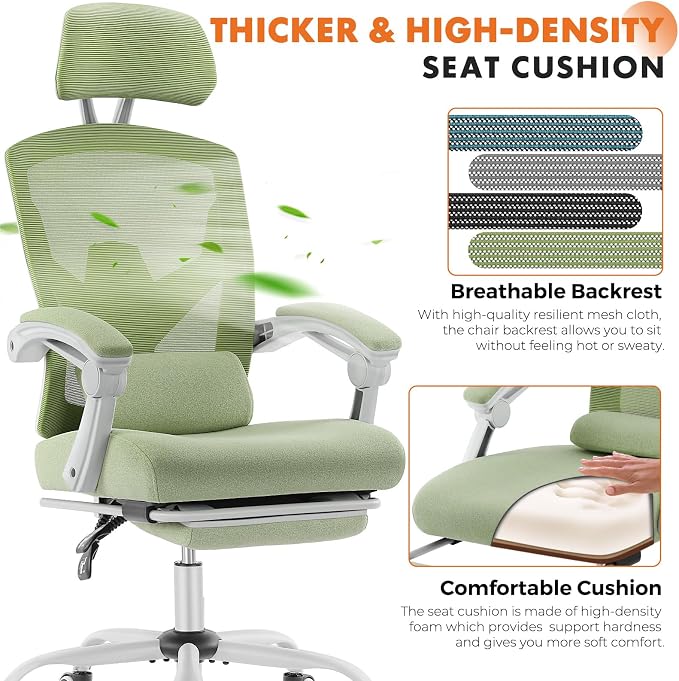 Sweetcrispy Office Computer Desk Chair, Ergonomic High-Back Mesh Rolling Work Swivel Chairs with Wheels, Comfortable Lumbar Support, Comfy Arms for Home, Bedroom, Study, Student, Green