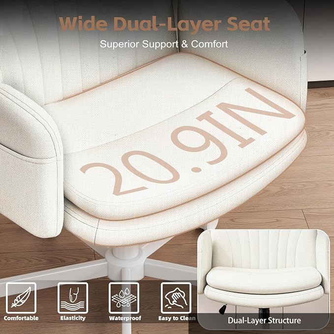 Vonesse Criss Cross Office Chair with Wheels & Armrests, Height Adjustable Vanity Chair, Makeup Chairs with Side Pockets Design, Comfortable Computer Desk Chairs for Home (Linen Fabric,White)