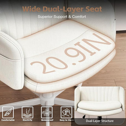 Vonesse Criss Cross Office Chair with Wheels & Armrests, Height Adjustable Vanity Chair, Makeup Chairs with Side Pockets Design, Comfortable Computer Desk Chairs for Home (Linen Fabric,White)