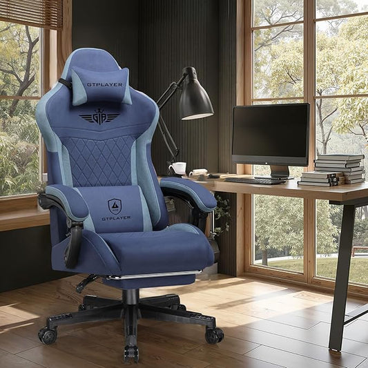 GTPLAYER Gaming Chair with Footrest, Big and Tall Game Chair High Back Computer Office Chair with Lumbar Support for Adults, Ergonomic Swivel Games Chair with Cushion Gaming, Fabric Blue