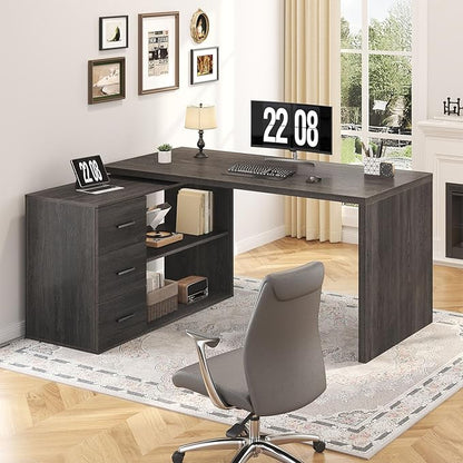 HSH L Shaped Office Desk with Drawers Shelves 55-76 Inch, Corner Computer Desk with Storage 360 Rotating Long for Work, Executive, Study, Writing, Teacher, Bedroom Modern Gaming Table, Dark Grey