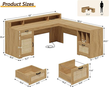 YOMILUVE 63" L Shaped Desk with Drawers, Farmhouse Corner Computer Desk with Power Outlets, Storage Cabinet, Home Office Executive Desk with Long Monitor Stand, Oak/Rattan
