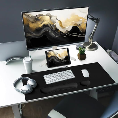 Bloss Leather Desk Pad and Keyboard Wrist Rest, Non-Slip Large Mouse Pad + Keyboard Pad + Mouse Wrist Support, Desk Mat Protector for Office, Home(27.6" x 13.8", Black)