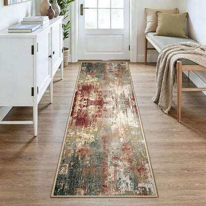 RELEANY Washable Area Rugs 2'6"x8 Non-Slip Modern Abstract Soft for Living Room Entryway Bedroom Kitchen, Print Pattern, Brown Rust Red Green Blue Multi