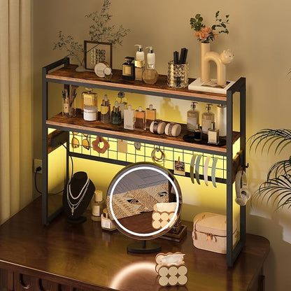 HOOBRO Desktop Bookcase, 37.4" Large Desk Shelf, 2-Tier Desktop Organizer, Wooden Office Storage Rack with Outlets, Display Shelf Rack with Light Strip, Desk Hutch for Office, Rustic Brown BF13UDSJ01