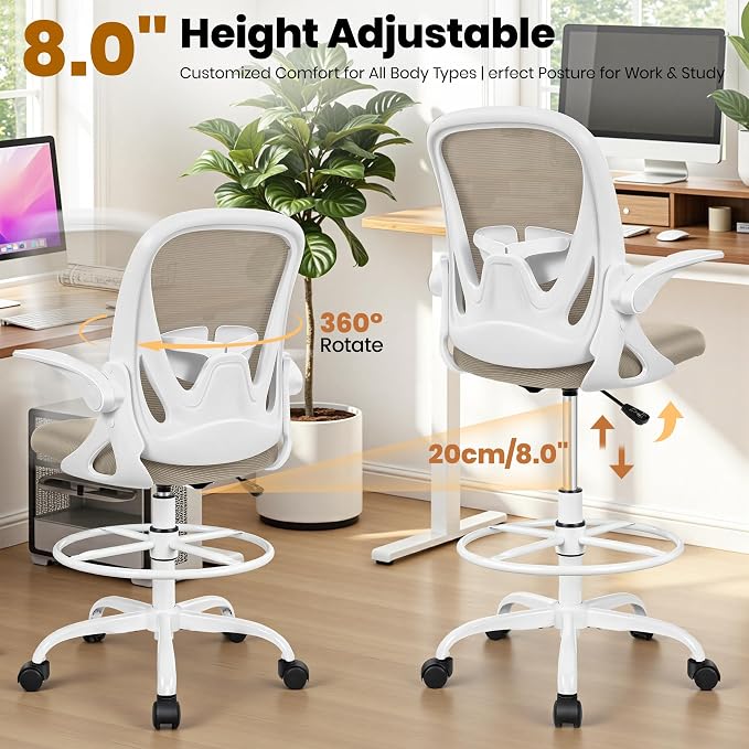 Primy Drafting Chair Tall Office Chair with Flip-up Armrests Executive Ergonomic Computer Standing Desk Chair with Lumbar Support and Adjustable Footrest Ring（Khaki）