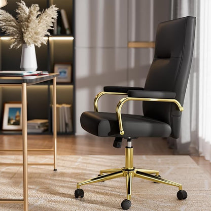 GXJ Black and Gold Office Chair with Memory Foam Seat, Computer Desk Chair | 4.9'' Memory Foam Seat and 4.7'' Comfortable Backrest, High Back Leather Executive Chair with Wheels and Arms for Women