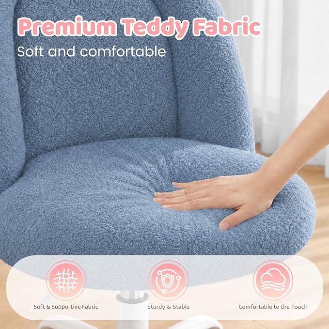 DurayLoly Cute Vanity Chair with Wheels, Ultra-Soft Teddy Fleece, Adjustable Height & 360° Swivel Compact Rolling Desk Chair for Bedroom, Vanity Table & Dorm Ink Blue