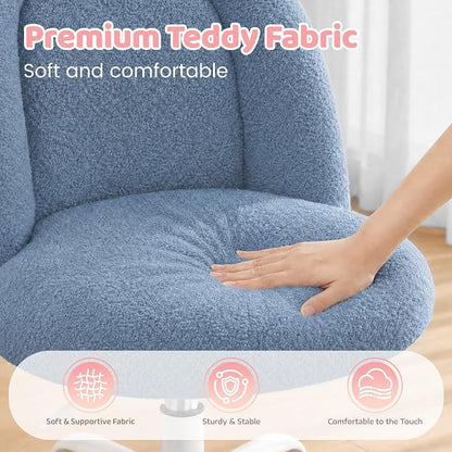 DurayLoly Cute Vanity Chair with Wheels, Ultra-Soft Teddy Fleece, Adjustable Height & 360° Swivel Compact Rolling Desk Chair for Bedroom, Vanity Table & Dorm Ink Blue