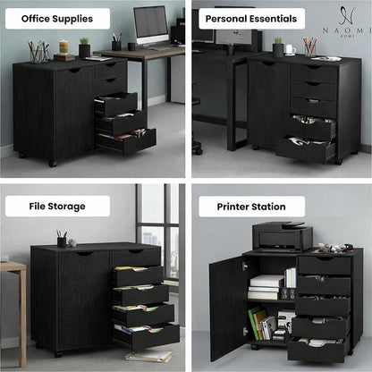 Naomi Home Under Desk Rolling Office File Cabinet with 5 Drawers & Side Storage Cabinet, Mobile Organizer with Shelves & Swivel Casters for Home Office - Distressed Black