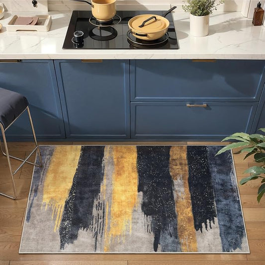 Ciicool Modern Abstract Area Rug 2x3 Washable Small Entryway Rugs,Black Gold Non-Slip Low Pile Throw Entry Rug, Foldable Kitchen Bathroom Rugs Floor Carpet for Entrance Bedroom Indoor Doormat