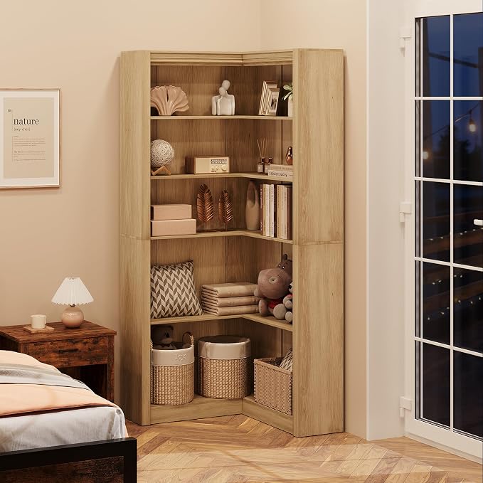 GarveeHome Corner Bookshelf, 71.8 in Farmhouse Corner Bookcase, L-Shaped Bookshelf Large Bookcase, 5 Tier Display Shelf Heavy Duty Bookcases, Bookshelves with Storage (Light Wood)