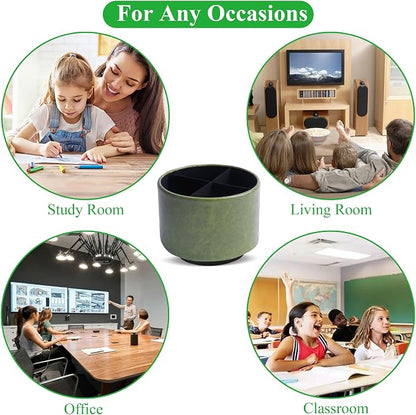 Round Leather Art Supply Organizer,Remote Control Holder,360 Degree Spinning,Multi-Functional Pencil Holder,4 Compartments Desktop Stationary Organizer(1-Oil Bamboo)