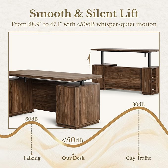 L Shaped Executive Standing Desk with File Cabinet, Electric Height Adjustable Desk with AC/USB and Privacy Panel for Home and Office, Black Walnut