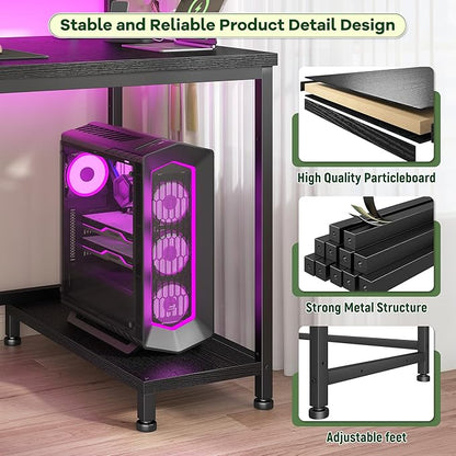 DurayLoly 39.3" Gaming Desk with Power Outlet and LED Lights,Computer Desk with Adjutable Monitor Stand and Drawer,Office Desk with CPU Stand for Home Work,Study and Gaming, Small Spaces,Black