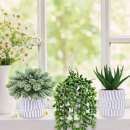 Winlyn 3 Pack Small Faux Succulent Plants Fake String of Pearls Aloe Hops Succulents in Gray Geometric Concrete Pots Artificial Potted Plant for Office Desk Home Tabletop Windowsill Shelf Decor