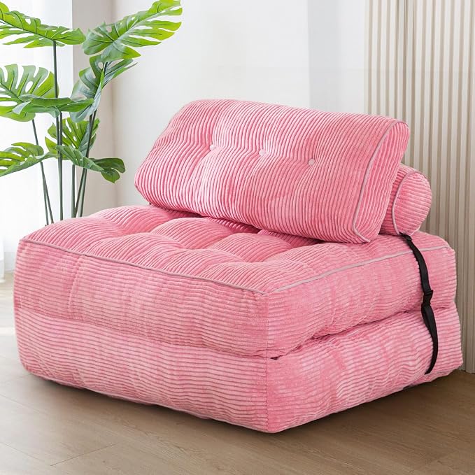 MAXYOYO Folding Sofa Bed, Convertible Chair with Pillow Foldable Couch with Back Support, Portable Fold Out Chair Bed Comfy Floor Sofa Lounge for Living Room Bedroom, Pink, Single